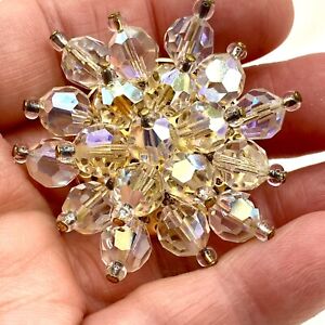 Vtg GoldTone Wired AB Multi Faceted Crystal Holiday Star Snowflake Brooch Pin C
