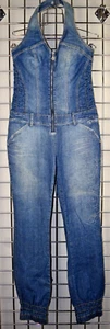 Denim Jumper VTG 90s Dereon Med Blue Wash Fitted Zip Front Halter Top S/M - Picture 1 of 17