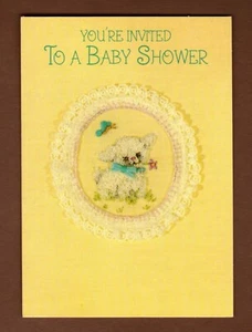 Vintage Baby Shower Invitations Lamb Set of 4 Yellow Boy Girl Lace Unisex Gibson - Picture 1 of 3