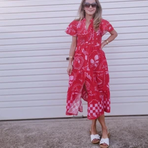 BOHO AUSTRALIA LADIES GRAVES MIDI DRESS-BABY SHIRT DRESS - RED PINK PRINT S8-S22 - Picture 1 of 2