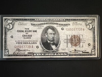 1929 Chicago Brown Seal $5 Note Federal Reserve Bank - Image 1 of 4