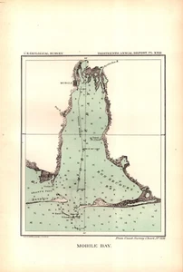 MOBILE BAY, ALABAMA, GULF COAST, HARBOR, GEOLOGY Antique nautical map 1893 - Picture 1 of 1