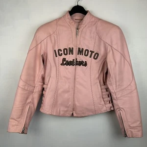 Motorcycle Jacket Pants Pink Leather L 9 Icon Moto Leathers Bombshell Blush Read - Picture 1 of 24