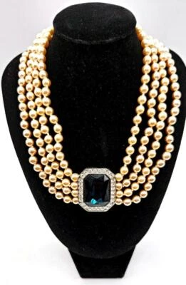 Collar Kenneth Lane KJL "Princesa Diana" 4 hilos imitación perlas zafiro Ctr Foto 1 de 4