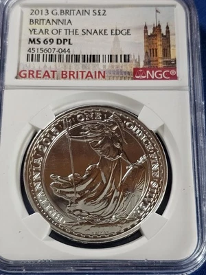 A 2013 Great Britain 2 POUND BRITANNIA YEAR OF THE SNAKE EDGE NGC MS69DPL - Image 1 of 2