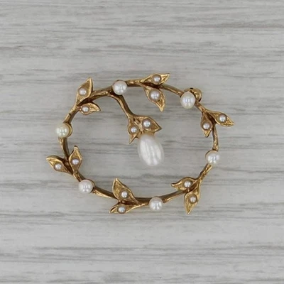 Broche corona perlas semilla vintage oro amarillo 14k prendedor Foto 1 de 4