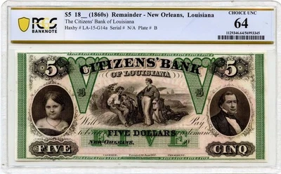 1860s $5 New Orleans, Louisiana Citizens Bank Obsolete Note LA15G14a PCGS CU64 - Image 1 of 2