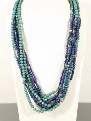 Blue Green Multi Strand Necklace Beaded Boho Coastal Chic Retro Statement 23" - Image 1 of 4