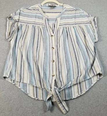 Camisa Sharagano Abotonada Para Mujer Grande L Multicolor Rayas Manga Corta Corbata Foto 1 de 4