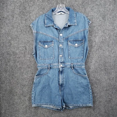 Zara Mameluco Mujer L Grande Azul Denim Pantalones Cortos Abotonados Mono Camionero Cuello Foto 1 de 4