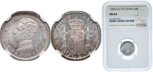 Spain 1904 PCV 50 Centimos Silver 835 NGC MS 64 - Picture 1 of 1