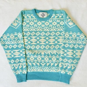 VINTAGE Sun Valley Sweater Medium Blue White Geometric 100% Pure Virgin Wool - Picture 1 of 12