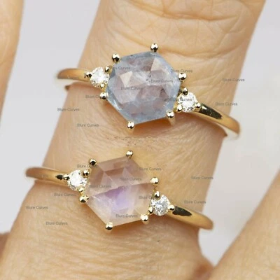 Alianza de boda arco iris piedra lunar anillo SI/I diamante sólido oro amarillo 14k joyería Foto 1 de 3