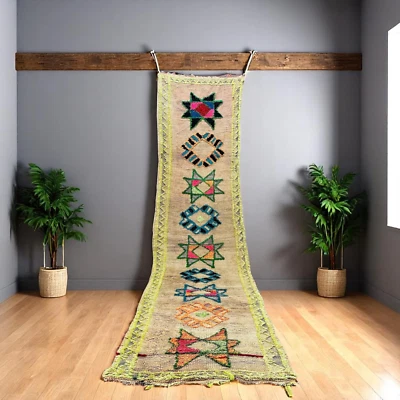 Corredor peludo bohemio marroquí 32x126 pulgadas - lana hecha a mano - diseño estrella acento neón Foto 1 de 4