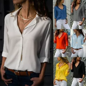 Women Solid V Neck Long Sleeve Chiffon Shirt Elegant OL Button Down Blouse Tops - Picture 1 of 24