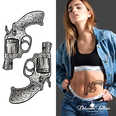 DELUSION TATTOOS GUN TEMPORARY TATTOO, SET OF 2, REVOLVER, HENNA, MENS, WOMENS, KIDS, BLACK