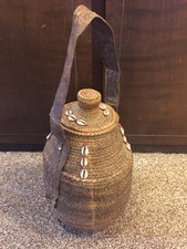 Vintage African Storage,Basket Lidded, Used, Stitched Hide Handle, Cowrie Shell