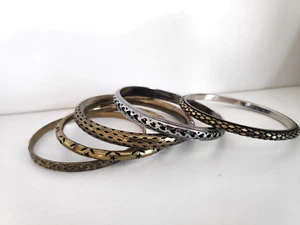 Set of 5 Silver Bronze Metal Bangles Bracelet VINTAGE 90's Ethnic Boho Jewellery - Picture 1 of 4