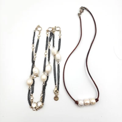 2 Freshwater Baroque Pearl Necklaces Marlyn Schiff Leather Cord Natural Cultured - Image 1 of 4