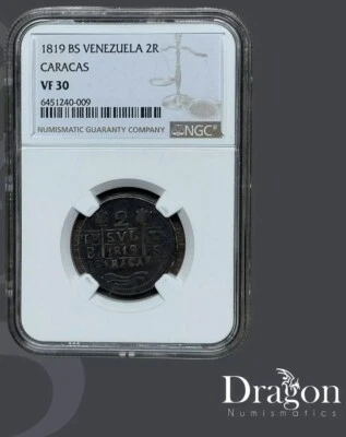 1819 VENEZUELA 2 REALES CARACAS ANTIQUE SILVER COIN NGC VF 30🇻🇪🐉 - Image 1 of 4