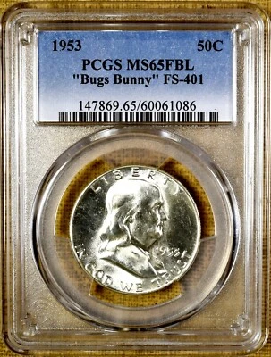 1953 PCGS MS65 FBL FS-401 Bugs Bunny Franklin Half Dollar - 95% White - Tough !! - Image 1 of 2