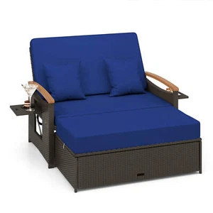 Patio Rattan Daybed Set w/Cushioned Loveseat & Storage Ottoman for Porch Navy - Picture 1 of 10