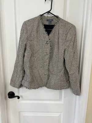 Корет женщин текстурированный 100% шелк черный и кремовый блейзер бахрома деталь 12P - Изображение 1 из 4