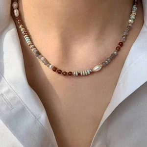 EDELSTEIN Collier *** Naturstein, Edelstahl *** Zarte Kette Halskette 42-47 cm - Picture 1 of 7