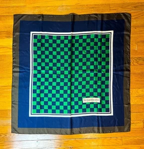 Vintage YSL Yves Saint Laurent Silk Scarf Checkered Print Paris Navy Green Geo - Picture 1 of 11