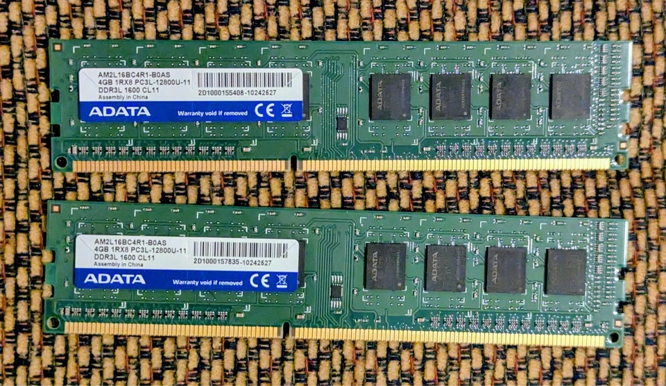 Lote de 2x ADATA 4GB 1Rx8 PC3L 12800U memoria de escritorio RAM AM2L16BC4R1-B0AS Foto 1 de 1