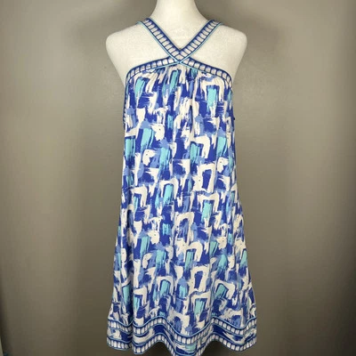 Mini Vestido Halter BCBGmaxazria Talla Grande Azul Blanco Ikat Elastizado Resort Vaca Foto 1 de 4