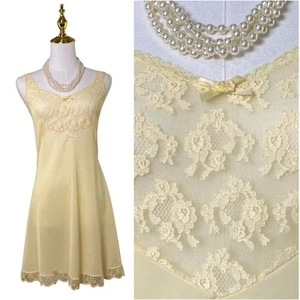 Vintage 60s MOD Pastel Yellow Nylon Lacy Wide Strap Mini Full Slip Dress Size 34 - Picture 1 of 12