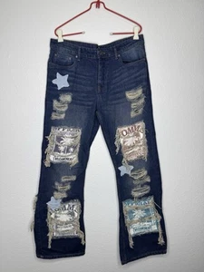 BOOHOOMAN Jeans Men's 34x33 Flared Leg Distressed Patchwork Embroidered Denim - Picture 1 of 16