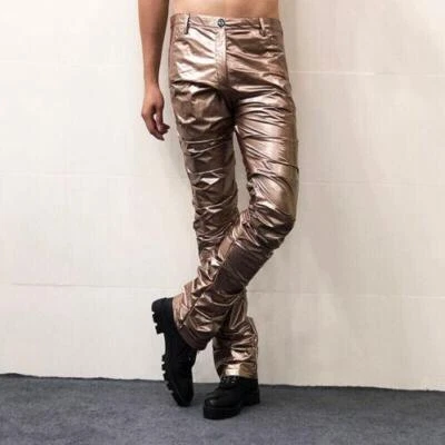Pleated Trumpet Slim Leather Pants Elastic PU Trousers Singer Dancer Costume - Image 1 of 4