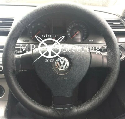 FOR VW POLO MK4 2002-2009 BLACK LEATHER STEERING WHEEL COVER BLACK DOUBLE STITCH - image 1 of 4