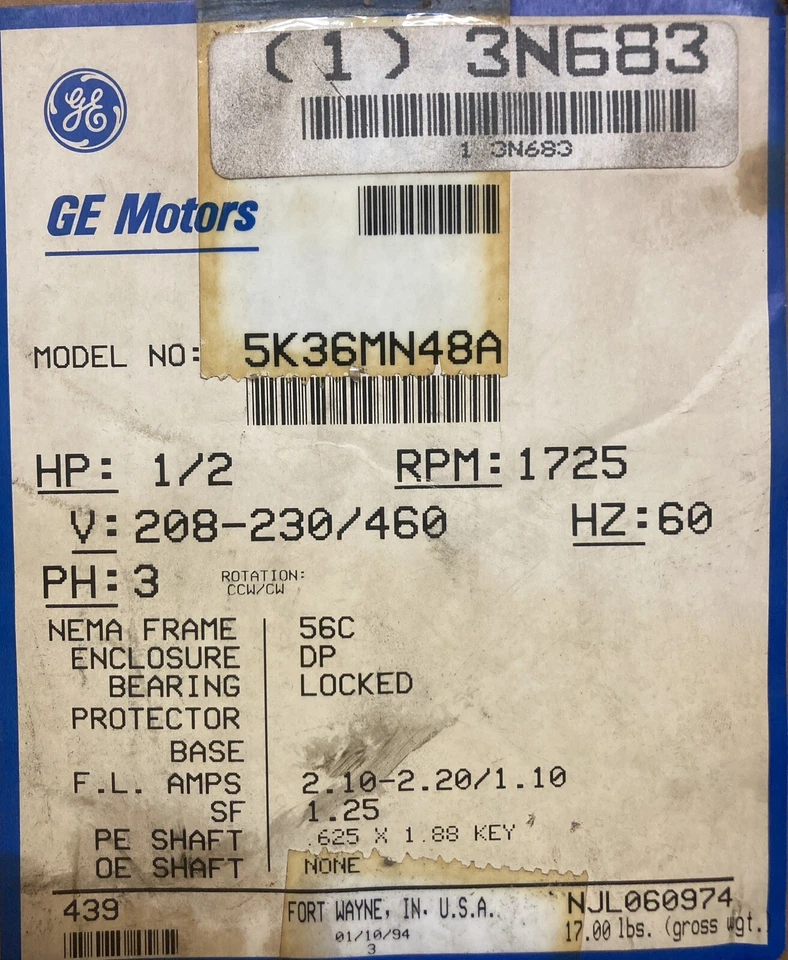 General Electric Motor-1/2 HP 3-Phase 1725 RPM - Image 1 of 1