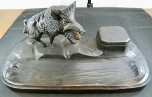 antike Schreibtischgarnitur Holz Wildschwein ca. um 1910 signiert - Bild 1 von 12