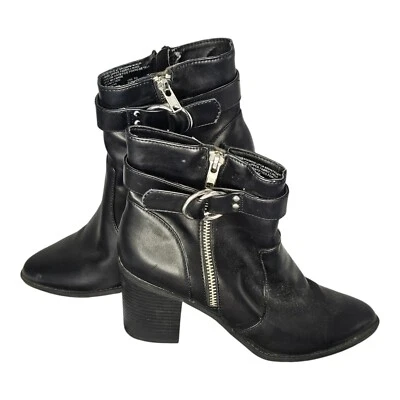Botas con hebilla estilo negro al tobillo Y2K correas hebilla y cremallera negras talla 9,5  Foto 1 de 4
