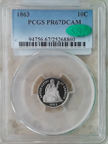 1863 10c PCGS *PR-67DCAM*CAC* SEATED LIBERTY PROOF DIME. SOLE TOP POP ALL DESIG! Cover