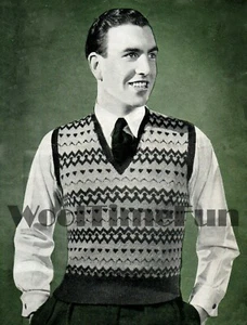 Knitting Pattern Men's Vintage 1940s Fair Isle Slip Over/Sleeveless Jumper.  - Picture 1 of 1
