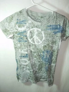 BOYS GIRLS BLUE GREEN WHITE CRINKLE PEACE SIGN SUMMER CASUAL T SHIRT SIZE M 30 - Picture 1 of 3