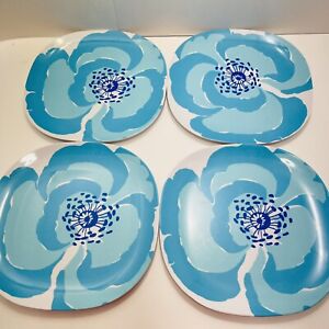 Poppy Melamine Dinner Plates 10.5” Square White Blue Floral Flowers 4 pcs