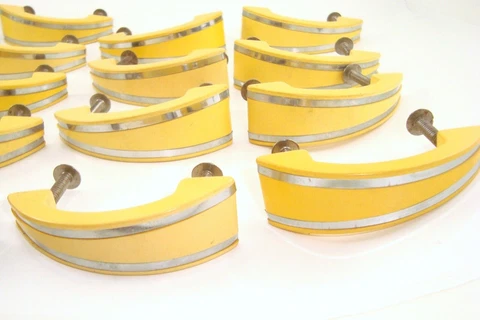 Art Deco Yellow Bakelite & Metal Drawer Handle Knob Pull Set of 18 Never Used Cover