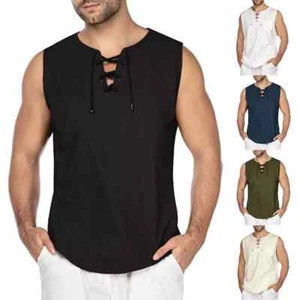 Moda Para Hombres Camiseta Suelta Algodón Lino Camiseta Hippie Sin Mangas Informal Prendas para el torso - Imagen 1 de 12