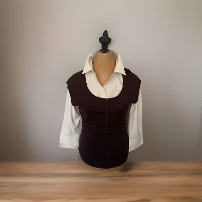 De Colección Clásicos Entier Seda Suéter Chaleco Abotonado Marrón Academia Oficina Sirena Foto 1 de 4