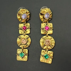 Gold Tone Etruscan Earrings Pierced Dangle Drop Multicolored Rhinestones Boho - Picture 1 of 5