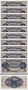 Germany 5 Reichsmark 1940 1945, UNC, 10 Pcs LOT, P -R138, Swastika, Watermark - Picture 1 of 5