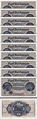 Germany 5 Reichsmark 1940 1945, UNC, 10 Pcs LOT, P -R138, Swastika, Watermark - Image 1 of 4
