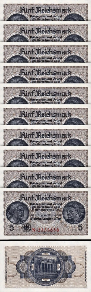 Germany 5 Reichsmark 1940 1945, UNC, 10 Pcs LOT, P -R138, Swastika, Watermark - Image 1 of 4