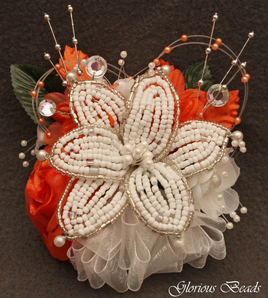 Corsage Orange Rhinestone Wedding Prom BEADED LILY or 2 pc with Boutonniere - Image 1 of 1